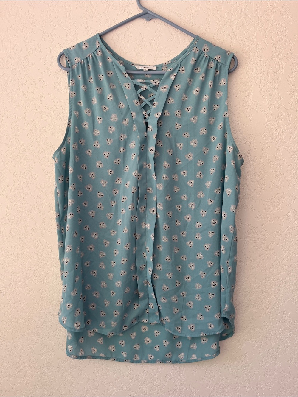 Pleione Teal Floral Lace-Up Sleeveless Blouse